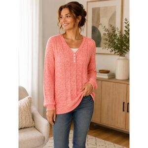 Christopher & Banks Womens Size Large Pink Marled Henley Knit Sweater Cozy Soft